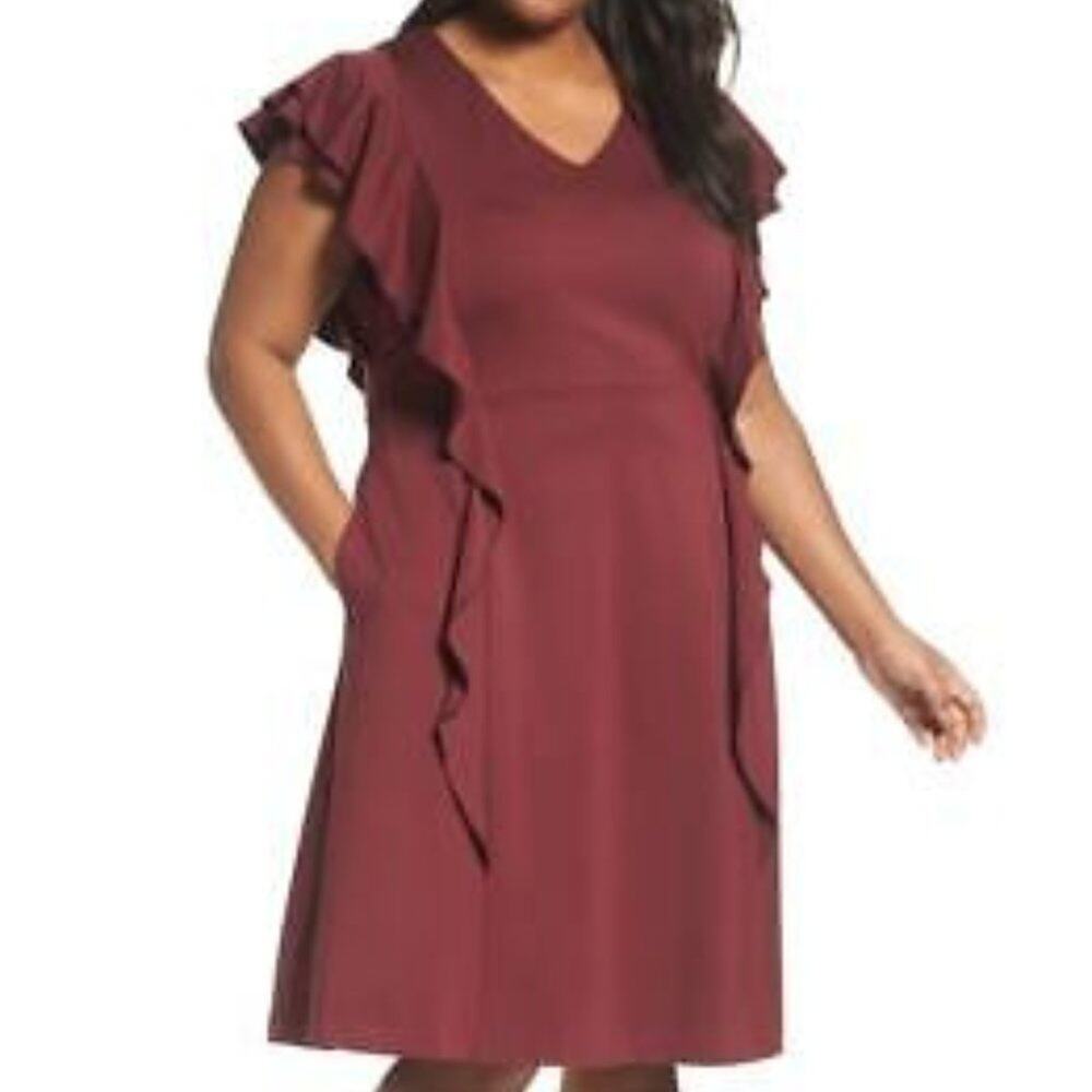 Sejour Burgundy Ponte Knit Ruffle Front SS 14W
